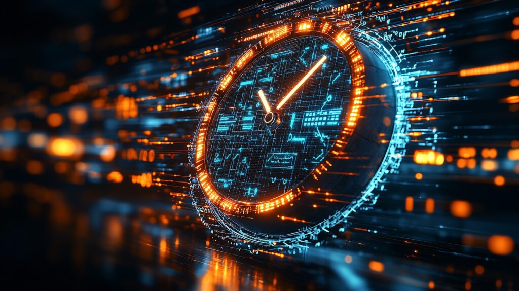 Response time illustrated through fast moving clock overlaying service speed metrics demonstrating the importance of quick replies and resolutions